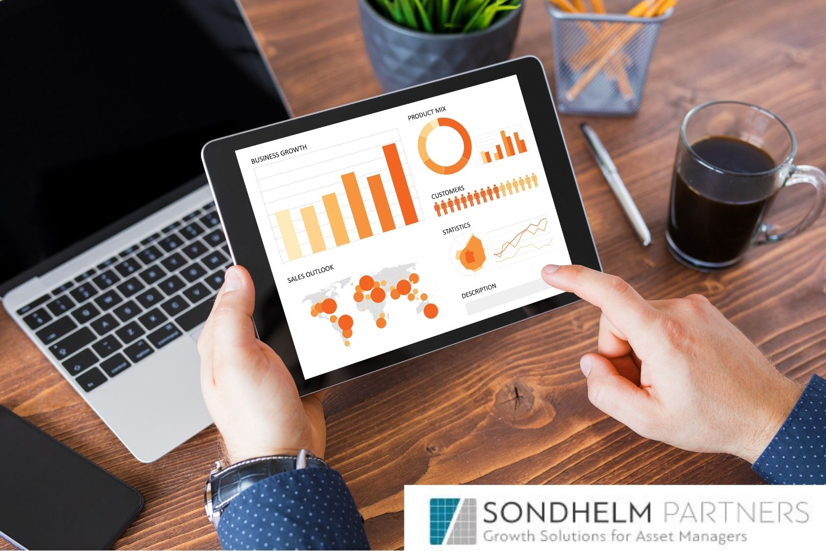 sondhelm partners logo and interacting with graphs on ipad