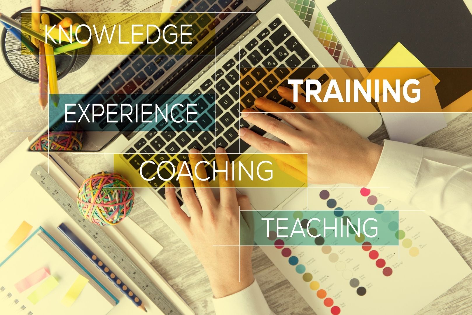 knowledge, training, experience, coaching, teaching overlaying professional that is typing